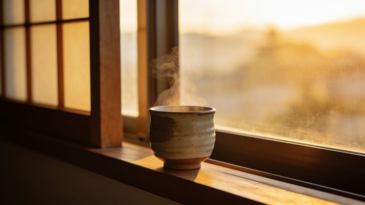 Dampfende Keramiktasse auf Fensterbank im Morgenlicht – Morgenritual für einen bewussten Start in den Tag; KI-gestützt erstellt
