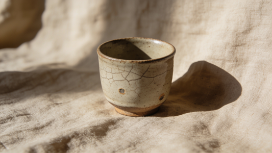 Steinzeugtasse mit Krakelee-Glasur auf Leinen – Wabi-Sabi und die Schönheit der Unvollkommenheit; KI-gestützt erstellt