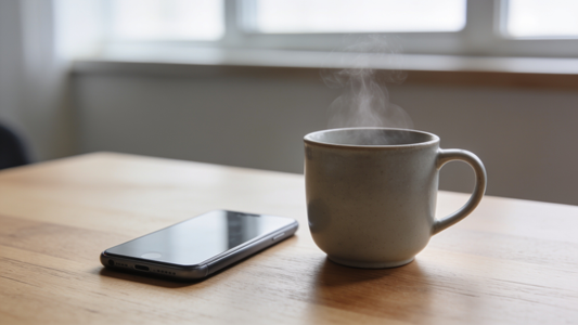 Smartphone umgedreht neben dampfender Keramiktasse auf Holztisch – Symbol für bewusste Bildschirmpausen; KI-gestützt erstellt