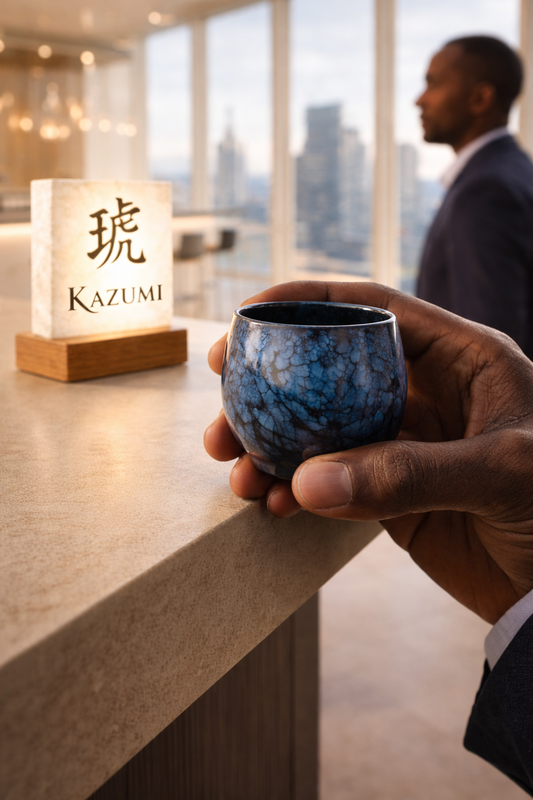 KETSU – Der Kessel: blau glasierte Keramiktasse in einer Hand, KI-gestützt erstellt
